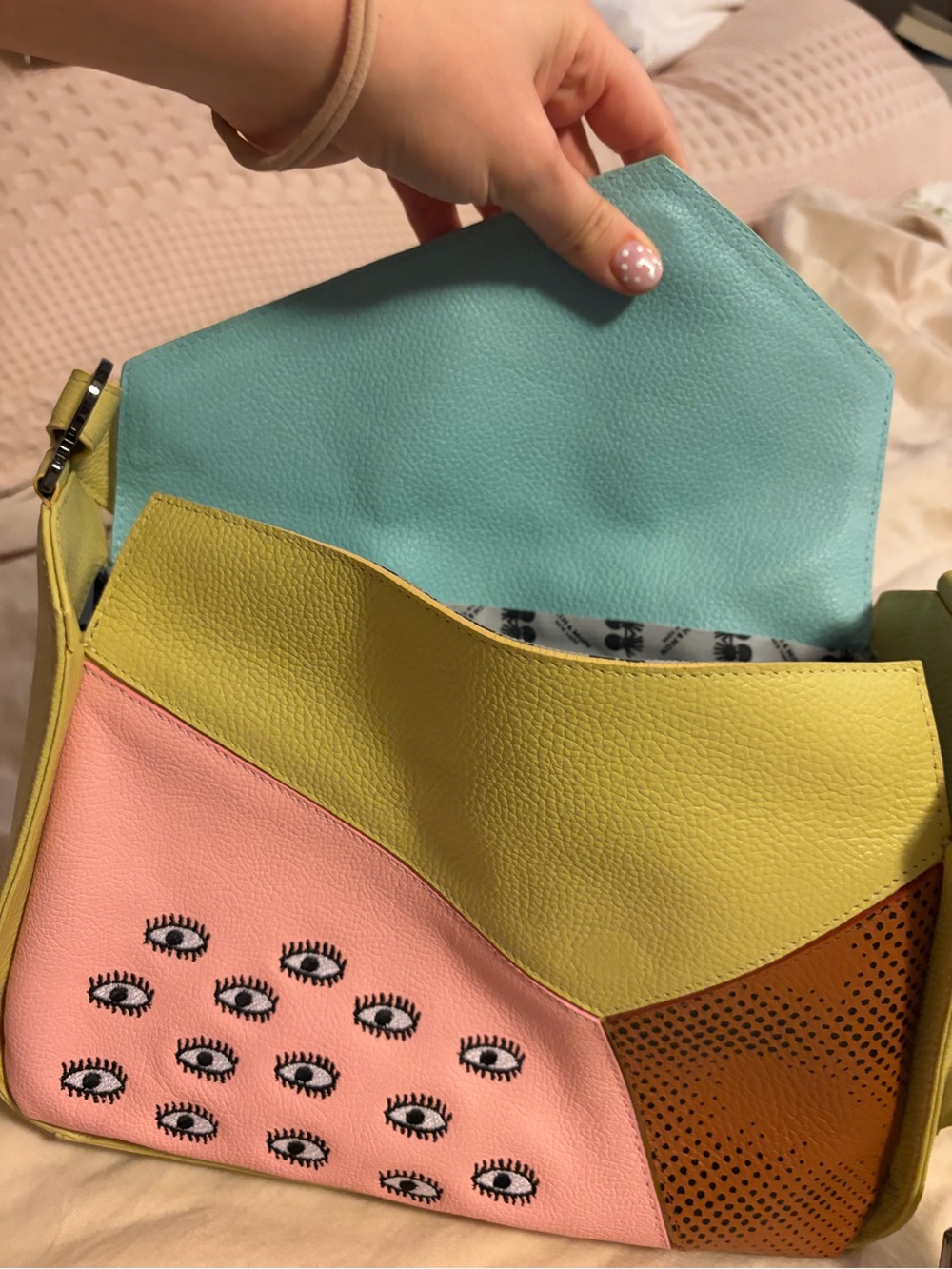 Min & Mon Houston Leather Shoulder Bag Rare Colorblock Evil Eye & Clouds Embroid